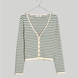 Madewell Carmon Crop Cardigan Sweater In Cream and Forest Green Striped Sz L